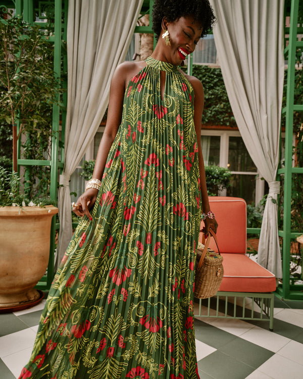 Slim Pleated Maxi Dress - Canopy Green L Slim Pleated Maxi Dress - Canopy Green L