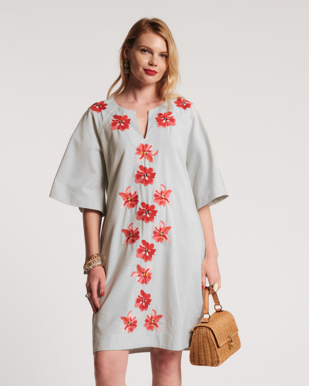 Charming Caftan Mini Georgia Embroidery Cotton Linen Light Blue/Red/Pink Frances Valentine
