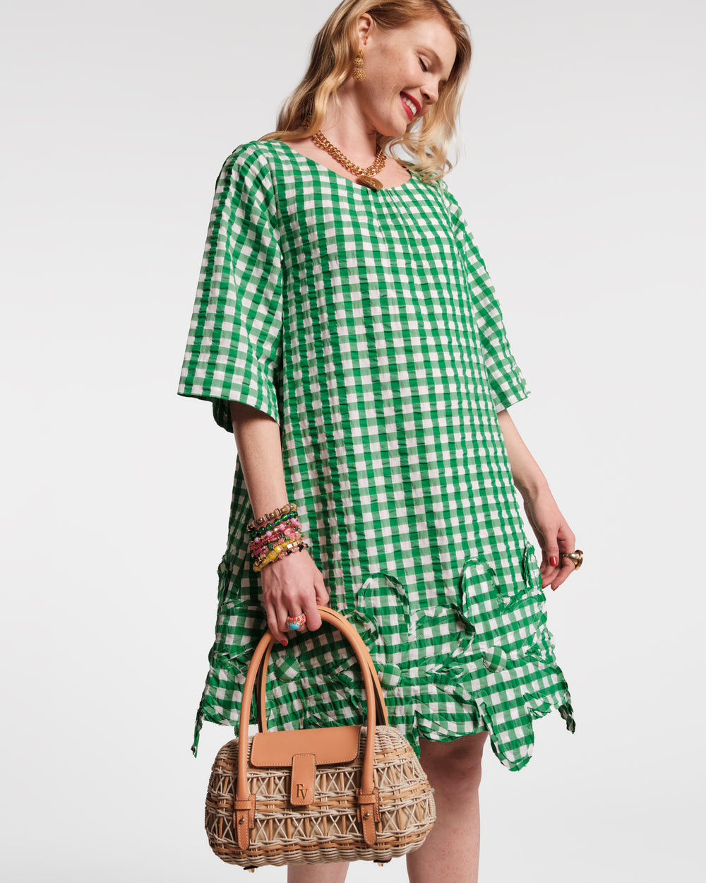 Zennia Mini Dress Gingham Cotton Poplin Green/Oyster Frances Valentine