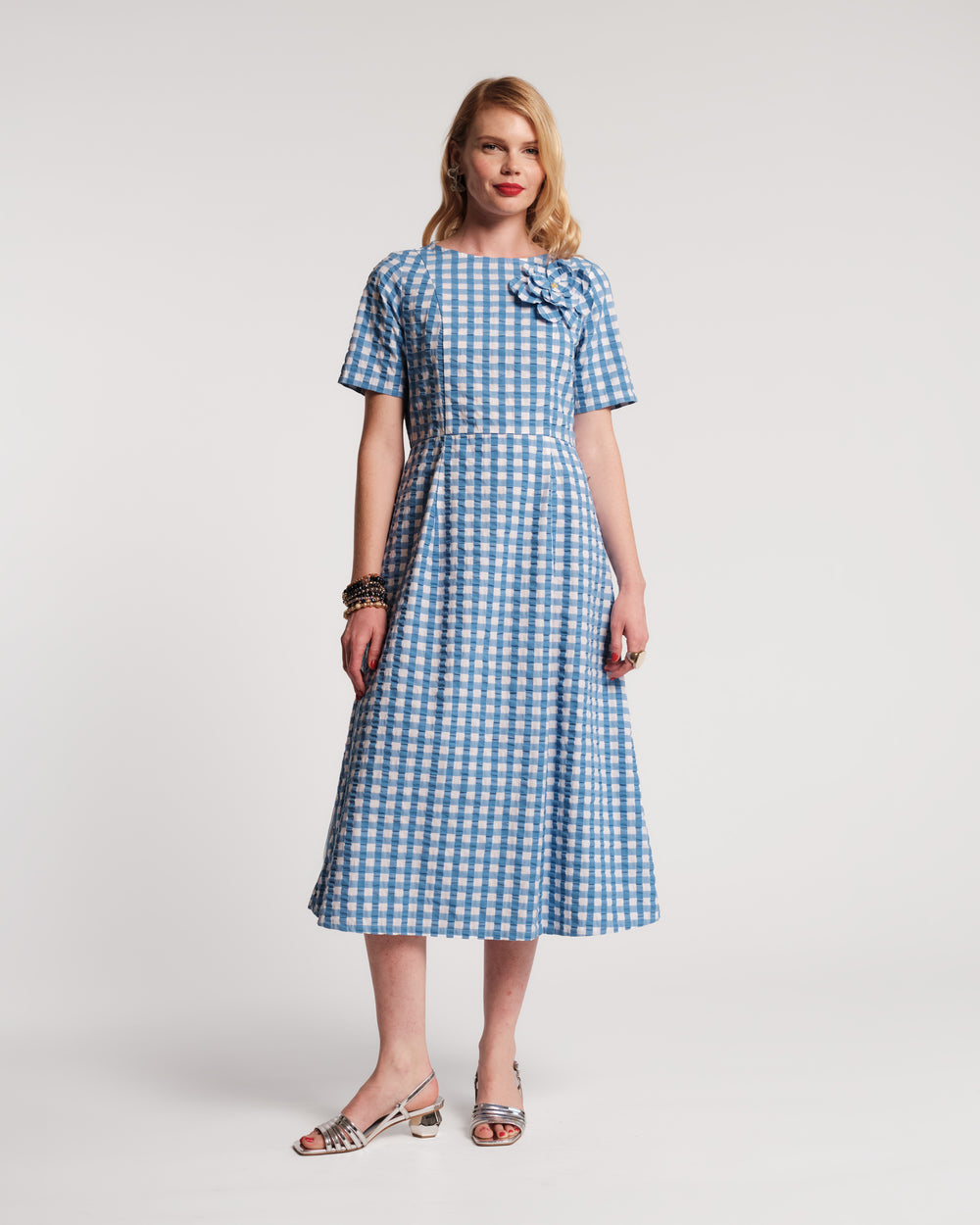 Michelle Midi Dress Gingham Cotton Blue/White Frances Valentine