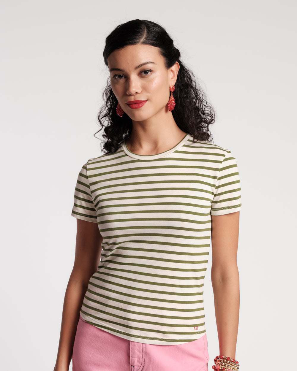 Super Striped Crewneck Tee - Oyster/Green Shirt Frances Valentine