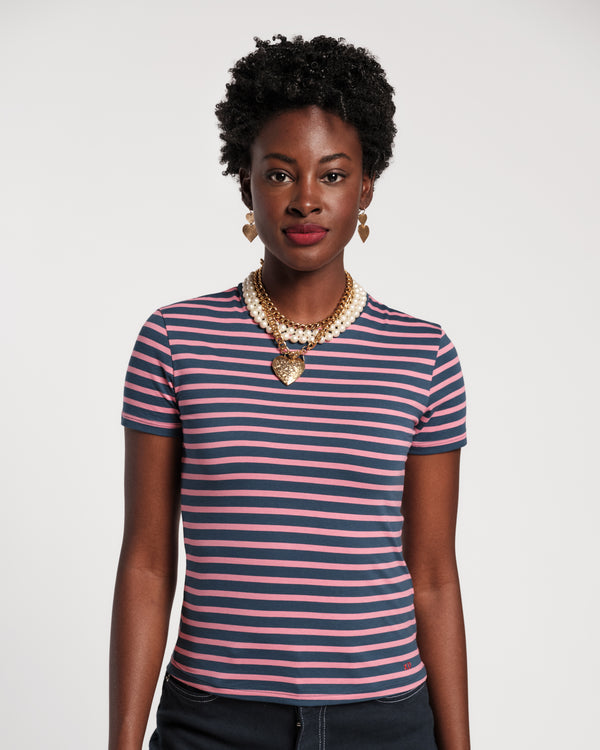 Super Striped Crewneck Tee - Pink/Navy Shirt Frances Valentine