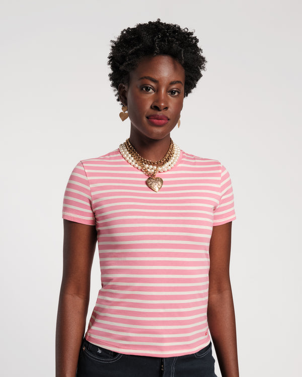 Super Striped Crewneck Tee - Oyster/Pink Shirt Frances Valentine