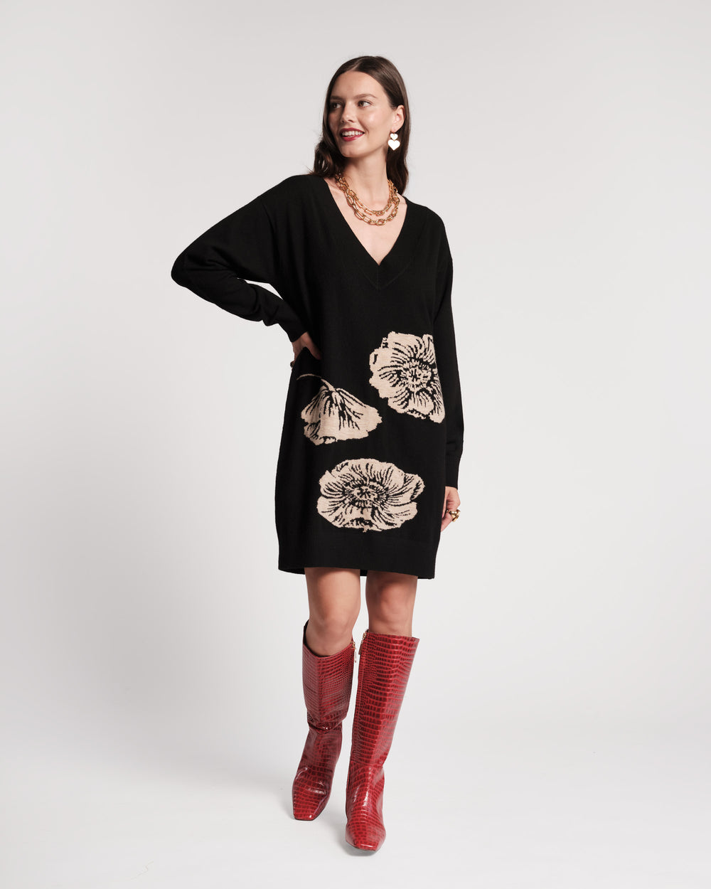 Skye V Neck Dress - Carefree Chrysanthemum Black Dresses Frances Valentine