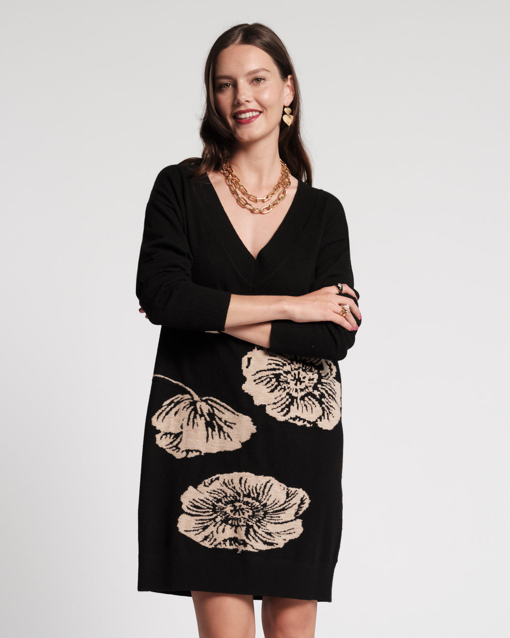 Skye V Neck Dress - Carefree Chrysanthemum Black Dresses Frances Valentine