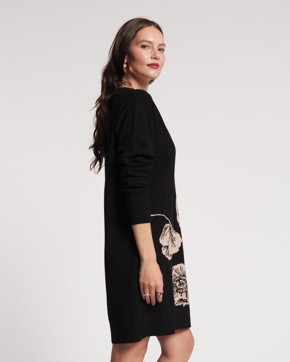 Skye V Neck Dress - Carefree Chrysanthemum Black Dresses Frances Valentine