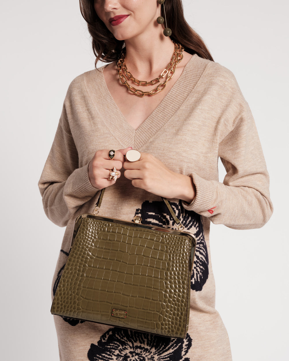 Jackie Frame Bag - Croc Emboss Leather Olive Frame Bag Frances Valentine