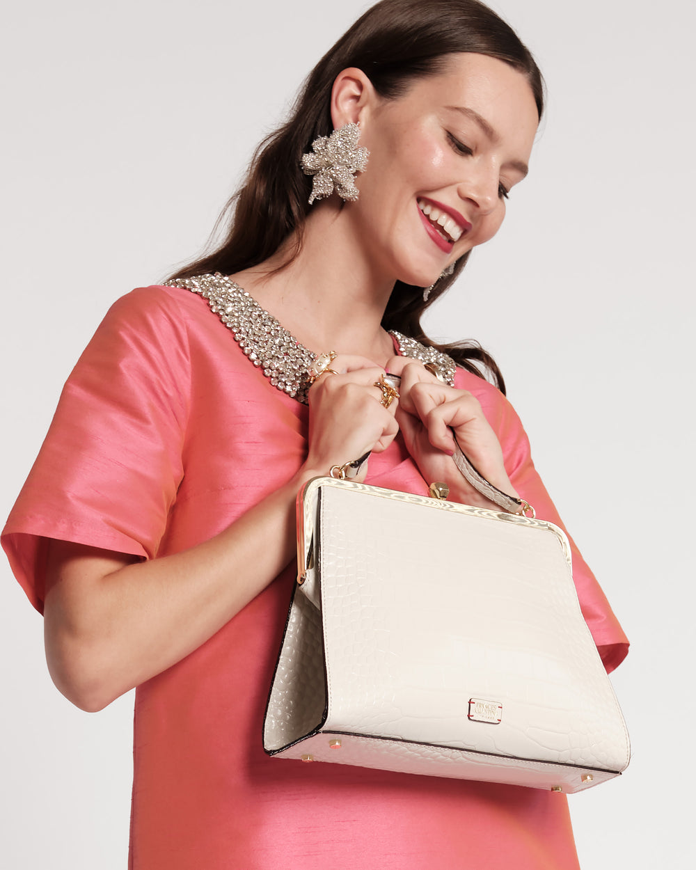 Jackie Frame Bag - Croc Emboss Leather Oyster Frame Bag Frances Valentine