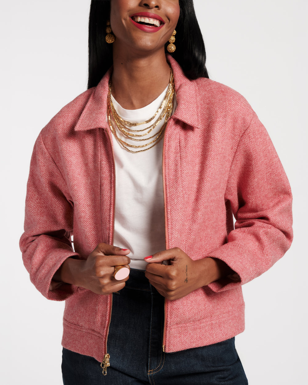 Riff Jacket - Pink Herringbone Wool Pink - Frances Valentine