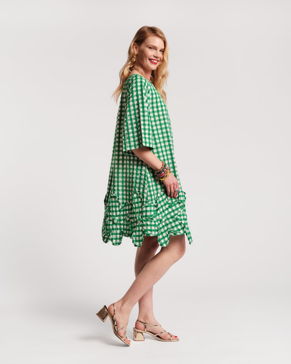 Zennia Mini Dress Gingham Cotton Poplin Green/Oyster Frances Valentine