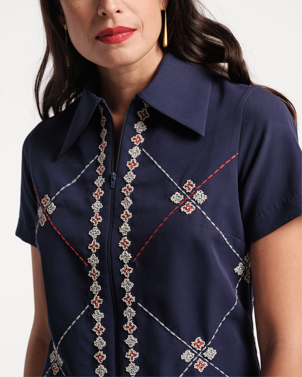 Mabel Mini Embroidered Dress - Navy - Frances Valentine