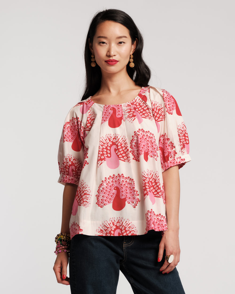 Zonda Top Peacock Pair Cotton Poplin Oyster/Multi