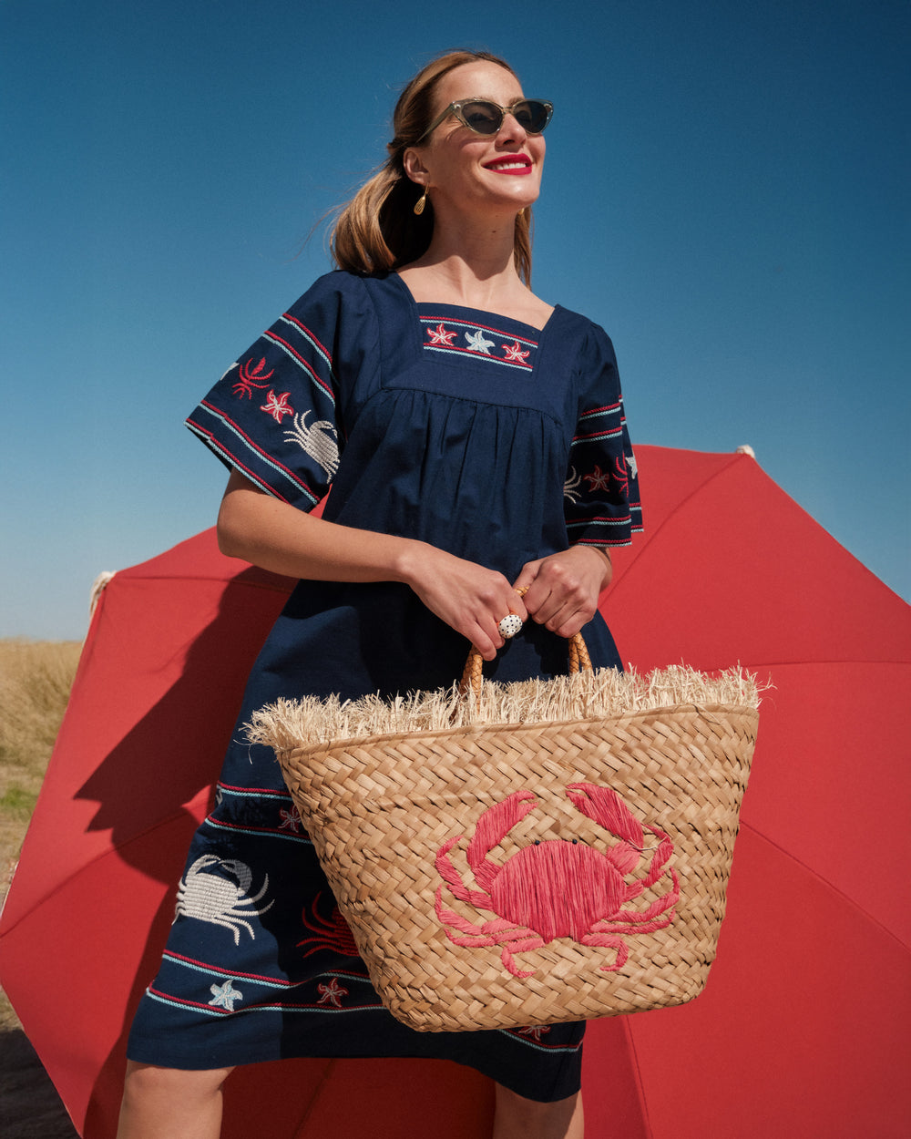 Embroidered Crab Tote - Red - Frances Valentine