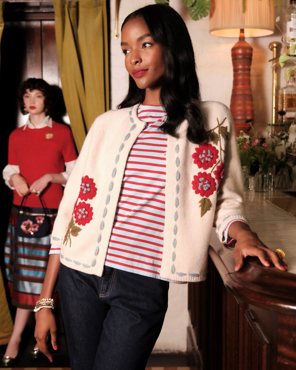 Blanket Stitch Border Cardi - Floating Floral - Frances Valentine
