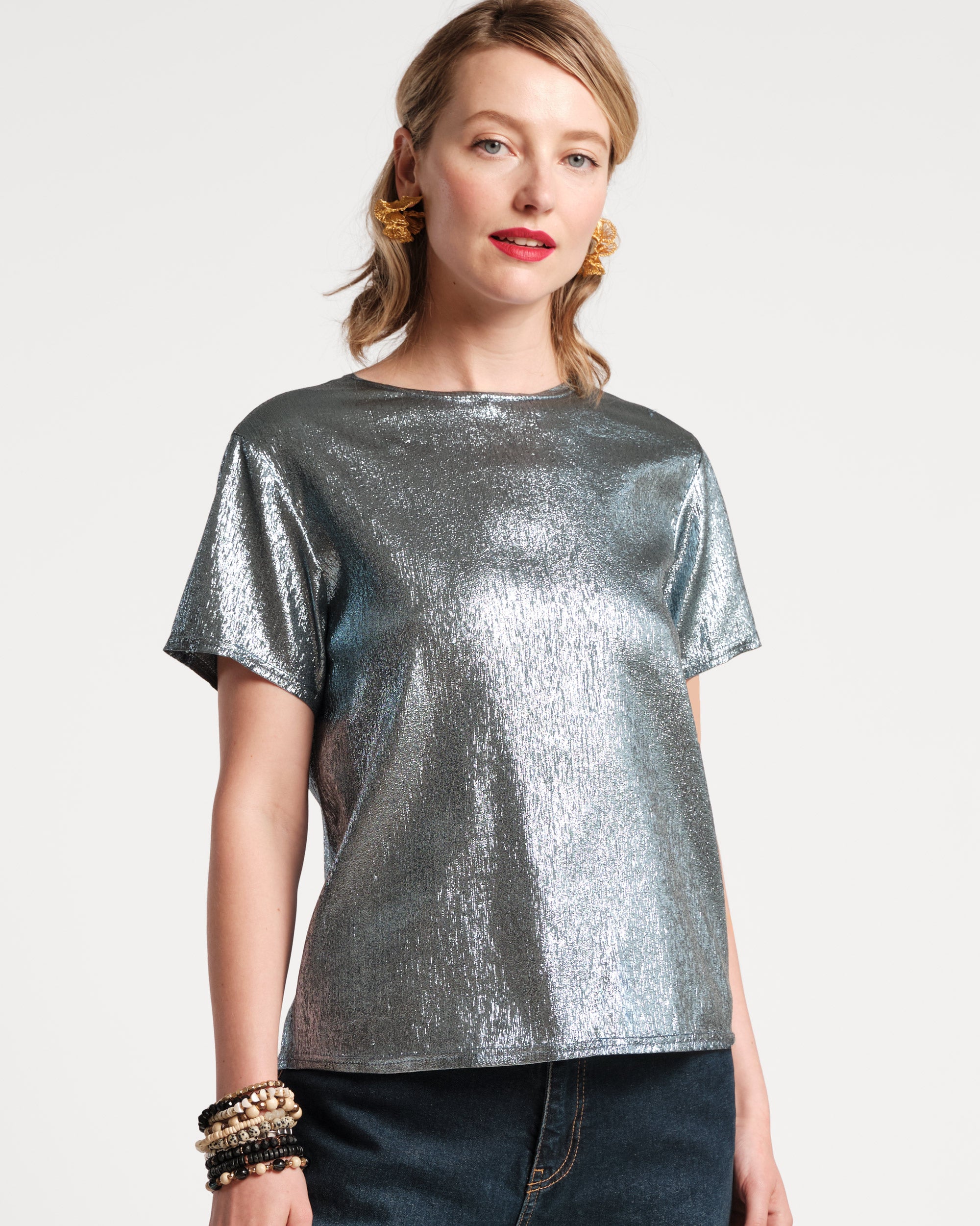 Empire State Shine Metallic Tee Shirt Stretch Light Blue