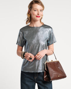 Empire State Shine Metallic Tee Shirt Stretch Light Blue - Frances Valentine