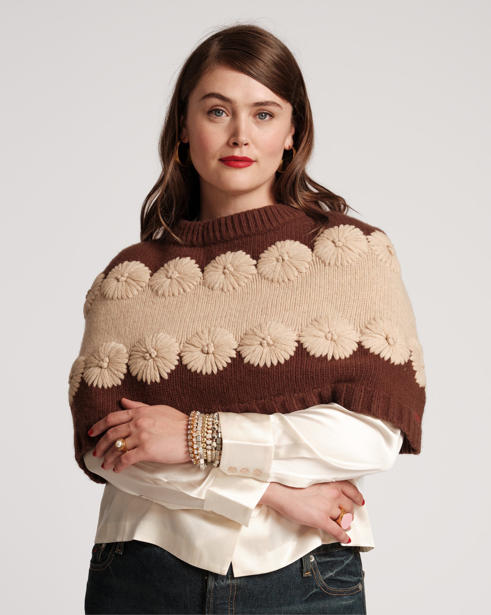 Emma Embroidered Wool Flower Shrug Chocolate Oyster