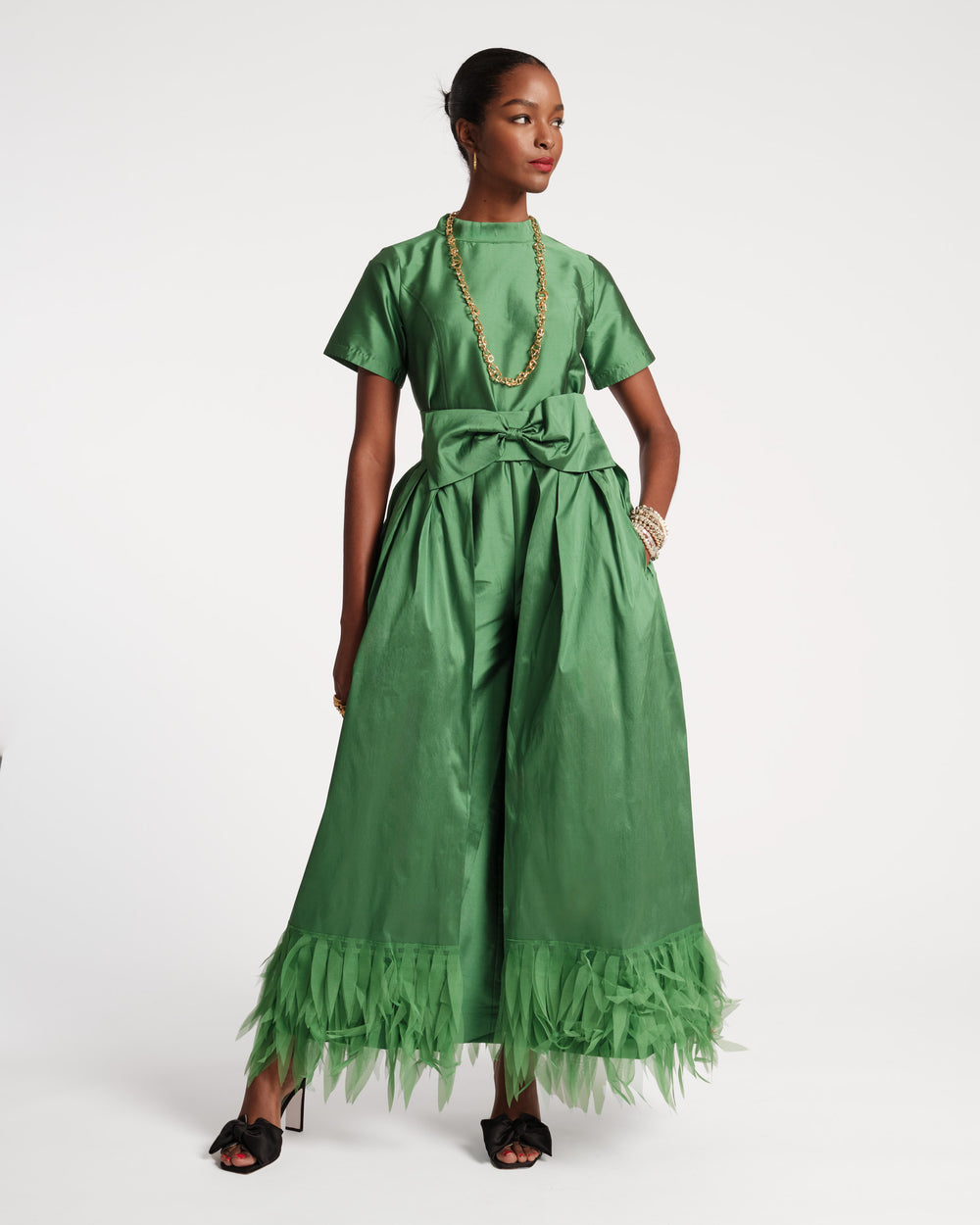 Jody Jumpsuit Feather Fringe - Emerald - Frances Valentine