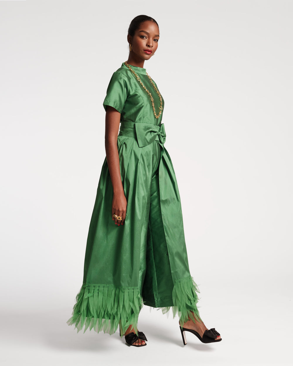 Jody Jumpsuit Feather Fringe - Emerald - Frances Valentine