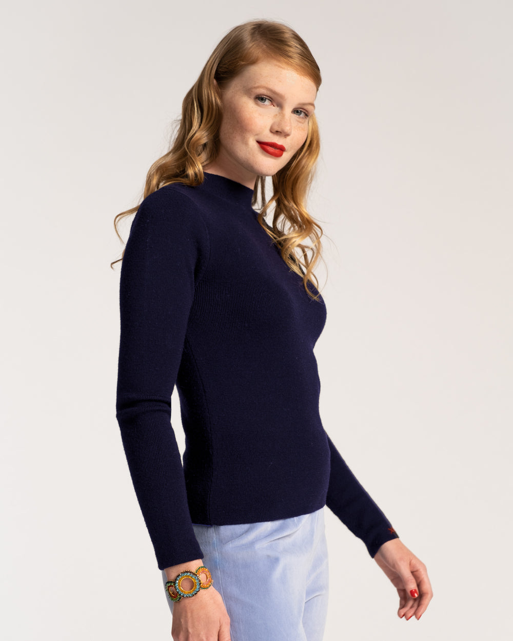 Marie Long Sleeve Cotton Sweater - Navy Sweater Frances Valentine