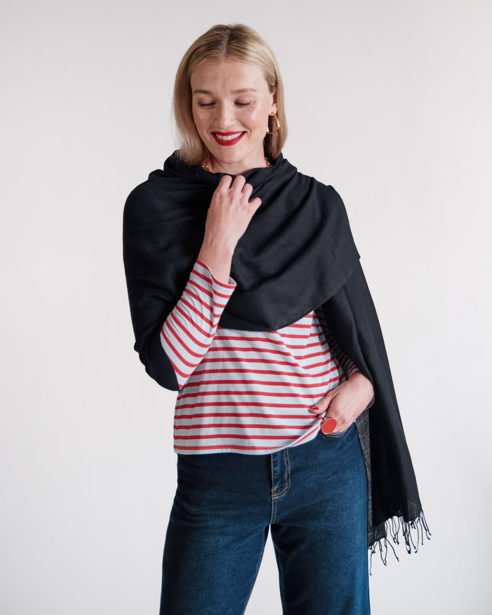Cashmere Silk Fringe Scarf - Black Scarf Frances Valentine