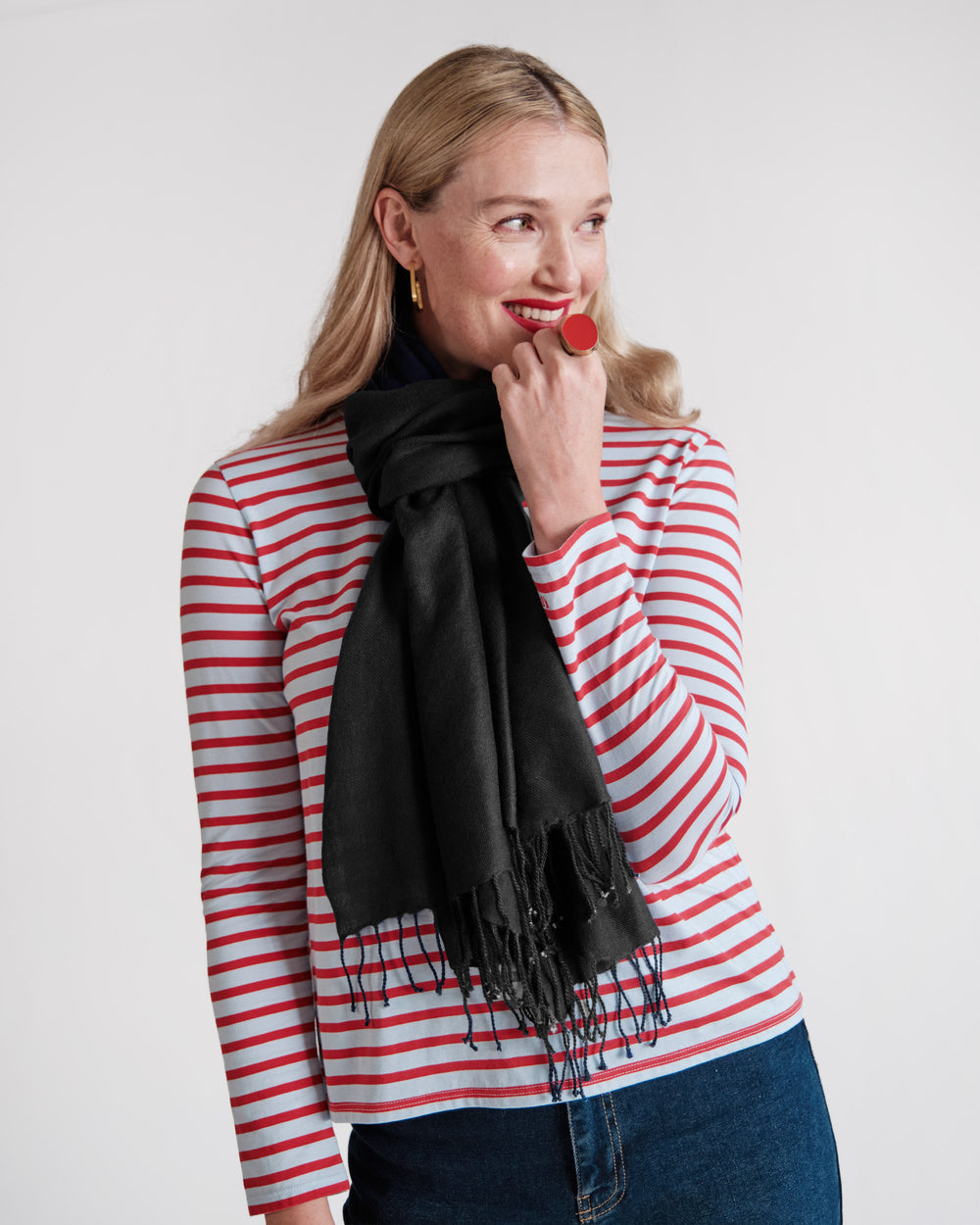 Cashmere Silk Fringe Scarf - Black Scarf Frances Valentine