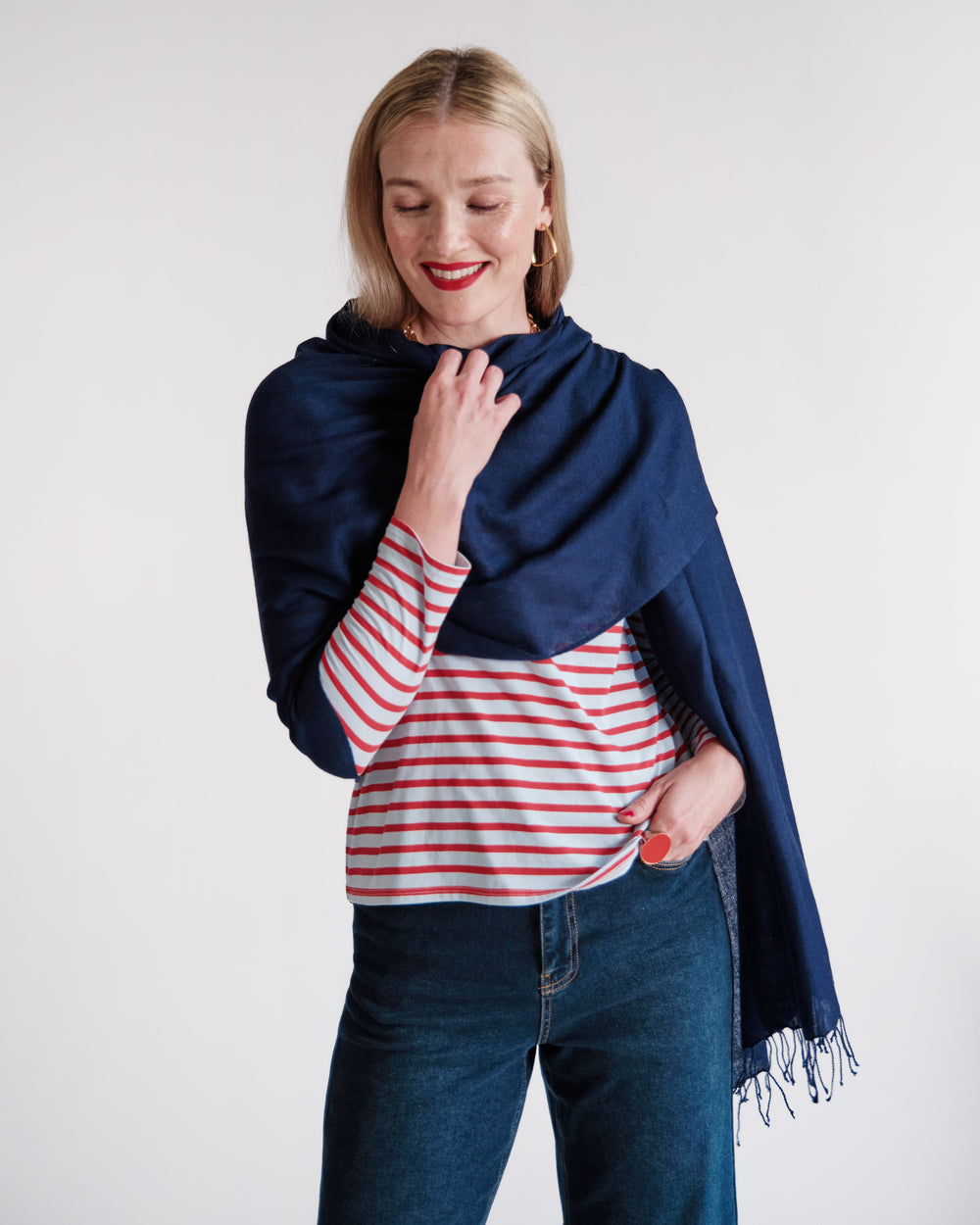 Cashmere Silk Fringe Scarf - Navy