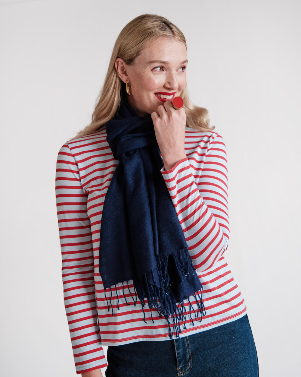 Cashmere Silk Fringe Scarf - Navy