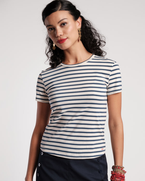 Super Striped Crewneck Tee - Oyster/Navy Shirt Frances Valentine