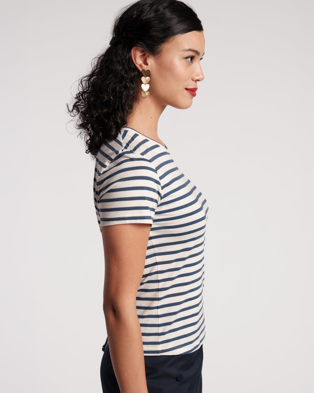 Super Striped Crewneck Tee - Oyster/Navy Shirt Frances Valentine