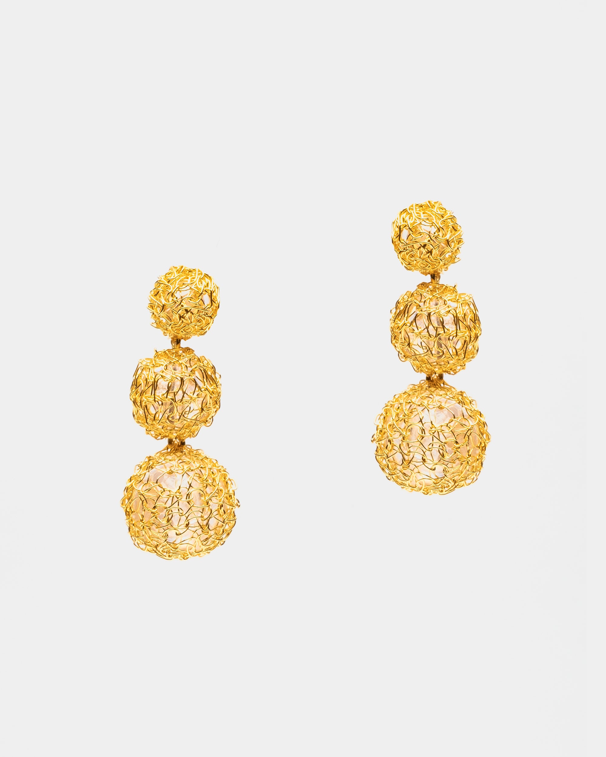 Large Crochet Sphere Tri Drop Earring Gold