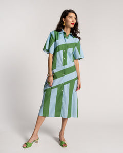 Amanda Shirtdress Stripe Green Light Blue - Frances Valentine