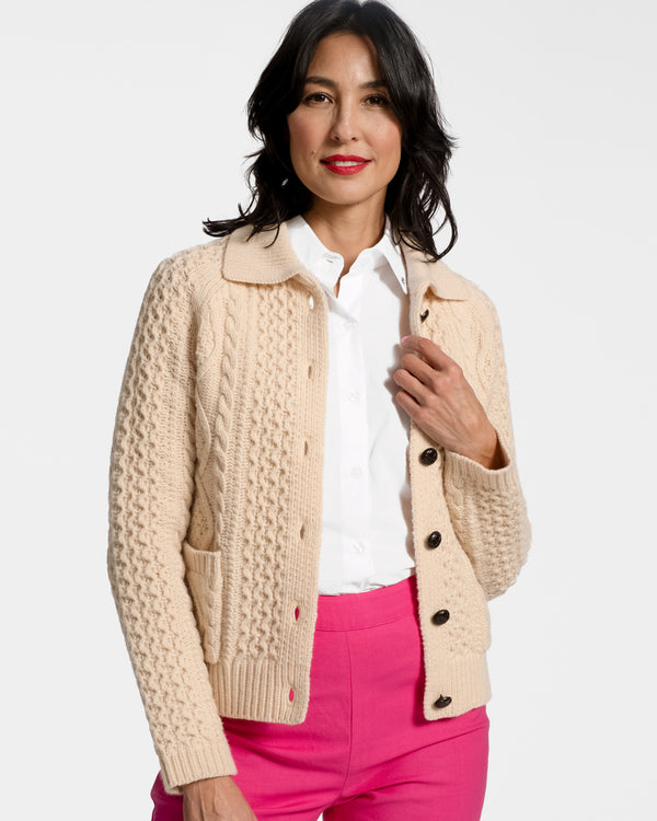Wool Fisherman Cardigan Sweater - Natural - Frances Valentine