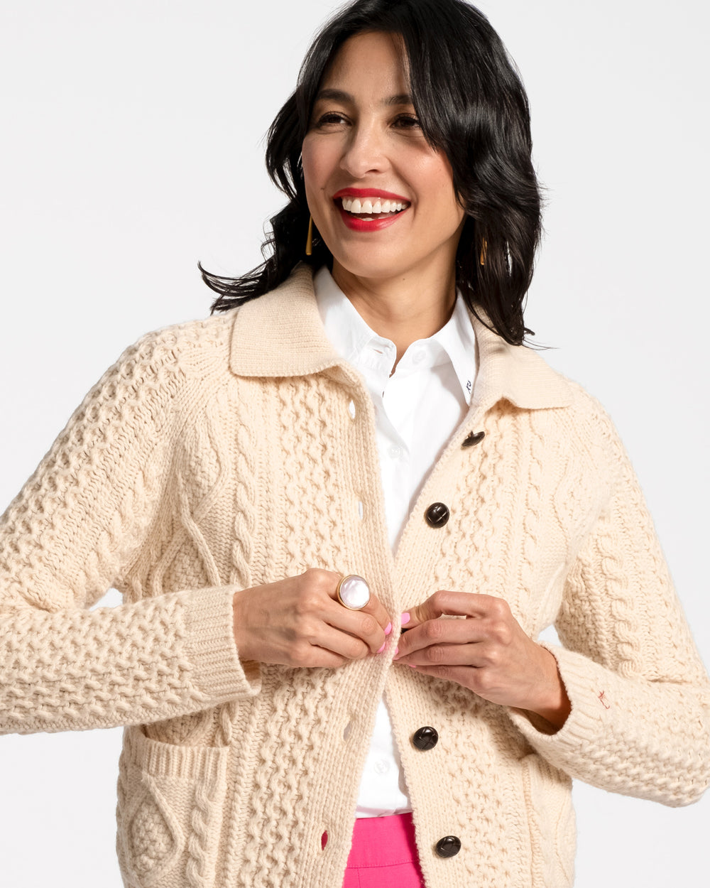 Wool Fisherman Cardigan Sweater - Natural - Frances Valentine