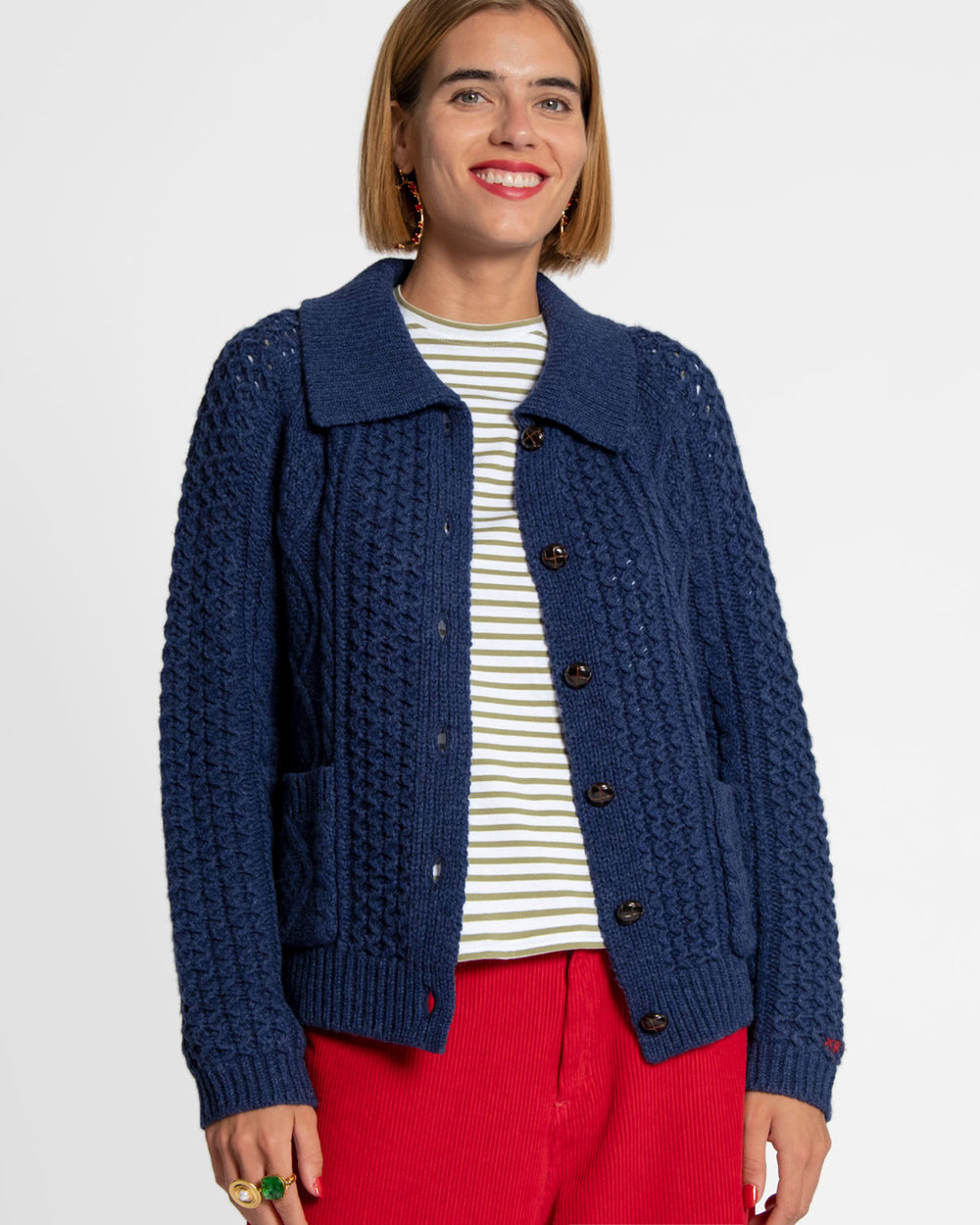 Wool Fisherman Cardigan Sweater Navy Sweater Frances Valentine
