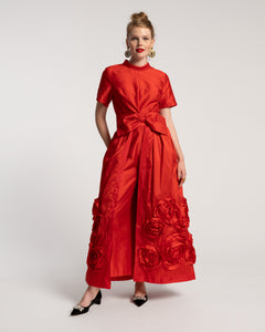 Audrey Flower Jumpsuit Shantung Red - Frances Valentine