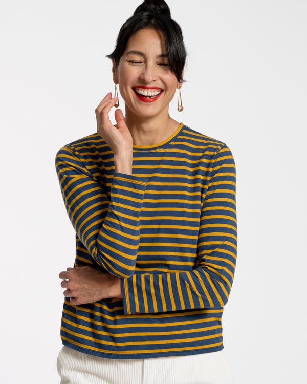 Long Sleeve Striped Tee Shirt - Mustard Navy - Frances Valentine