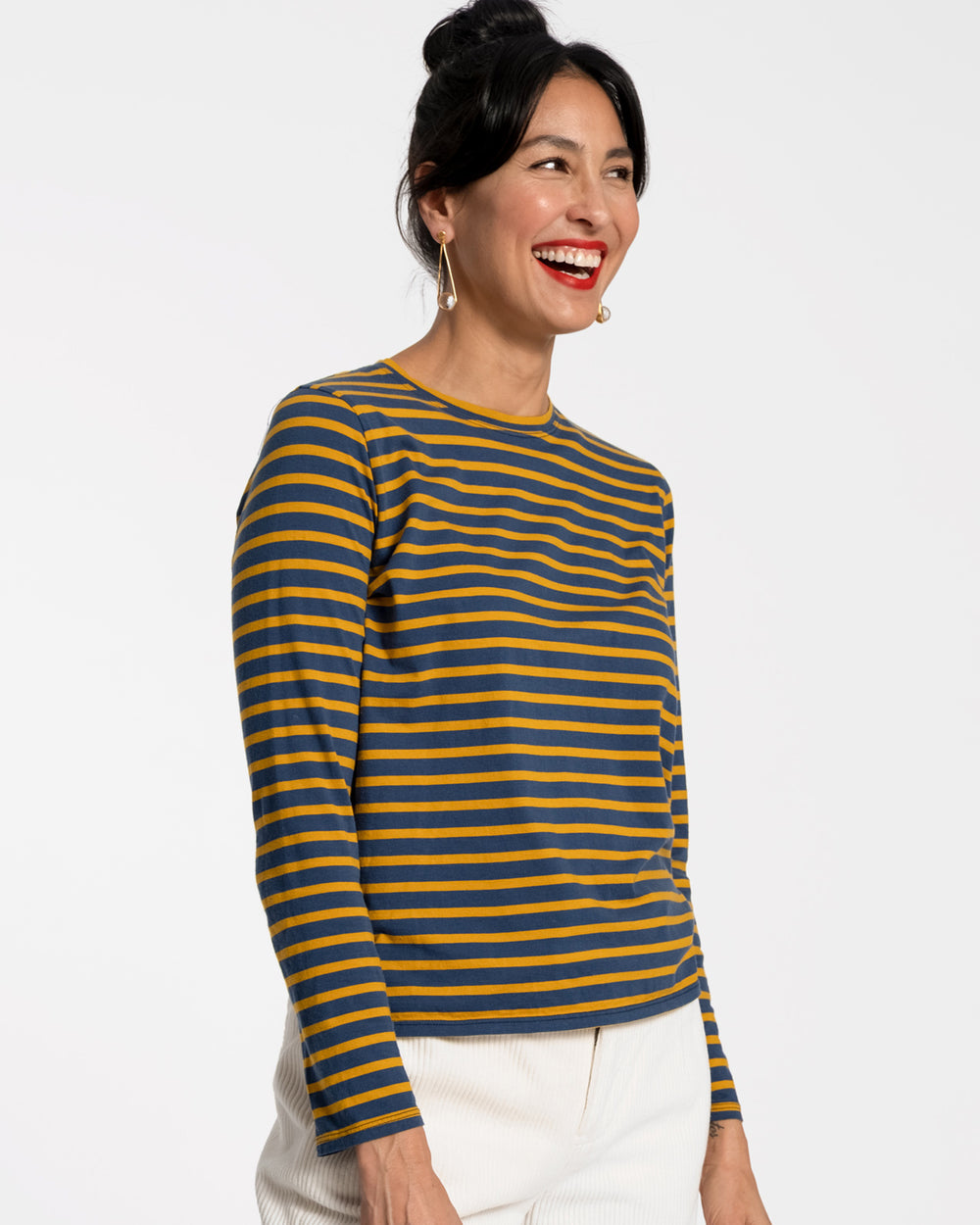 Long Sleeve Striped Tee Shirt - Mustard Navy - Frances Valentine