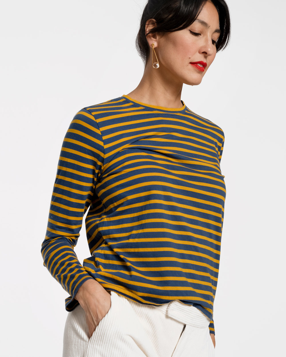 Long Sleeve Striped Tee Shirt - Mustard Navy - Frances Valentine