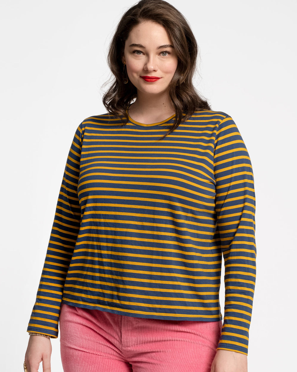 Long Sleeve Striped Tee Shirt - Mustard Navy - Frances Valentine